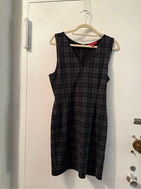 Saks Fifth Avenue Black and Charcoal Plaid V‑Neck Midi Dress